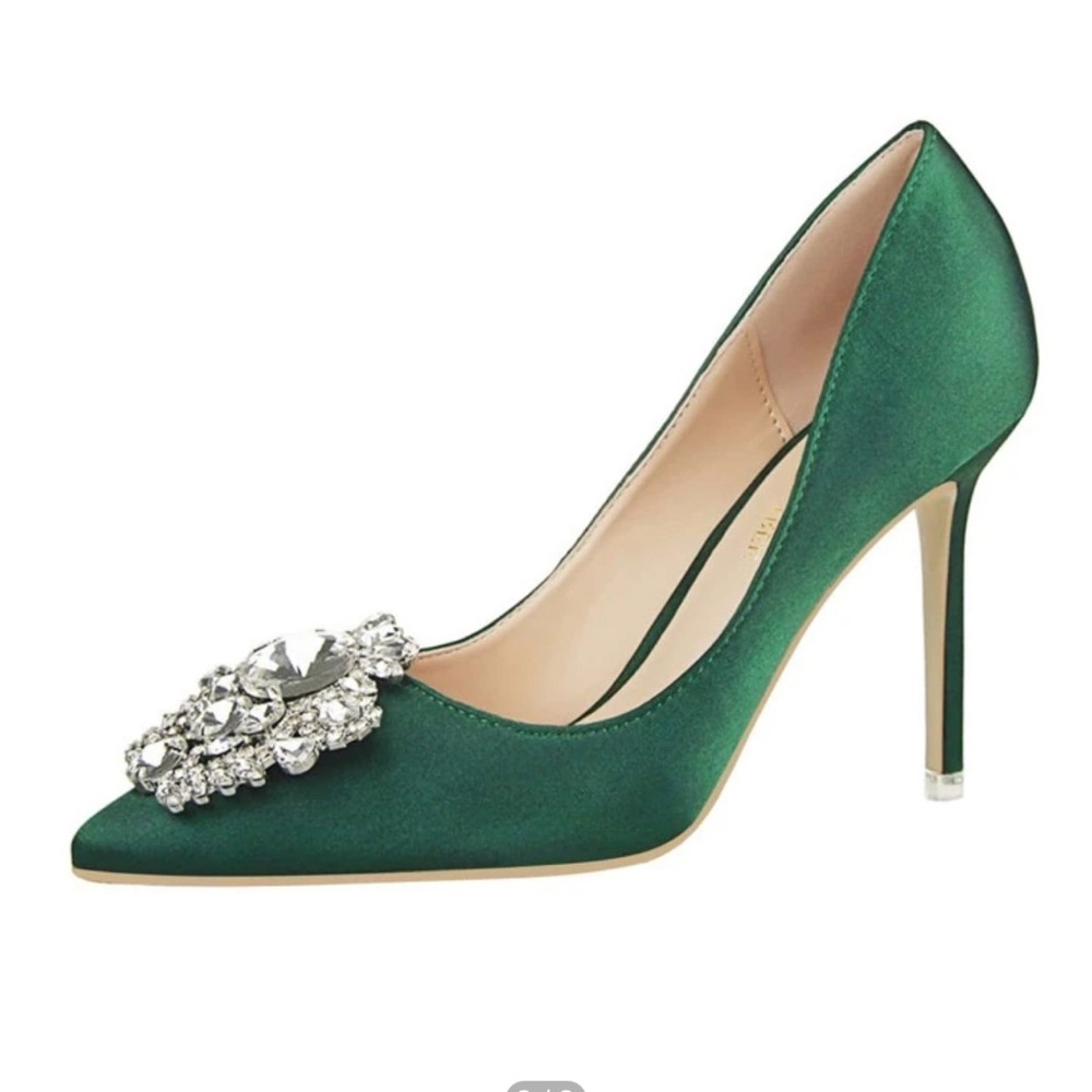 Satin green Stiletto heels 3.9 inches size 7.5 Rhinestone - Picture 2 of 7